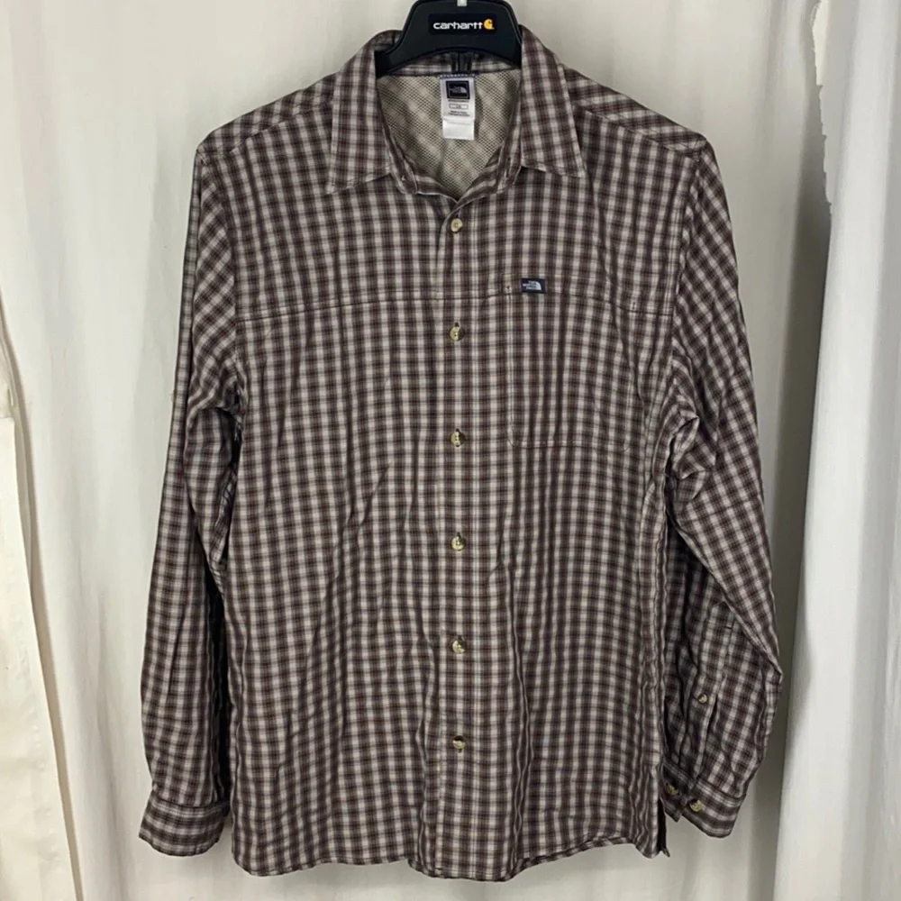 The North Face L Guys Plaid Modal Blend L/S Button Down Shirt Pocket Sleeve Tabs